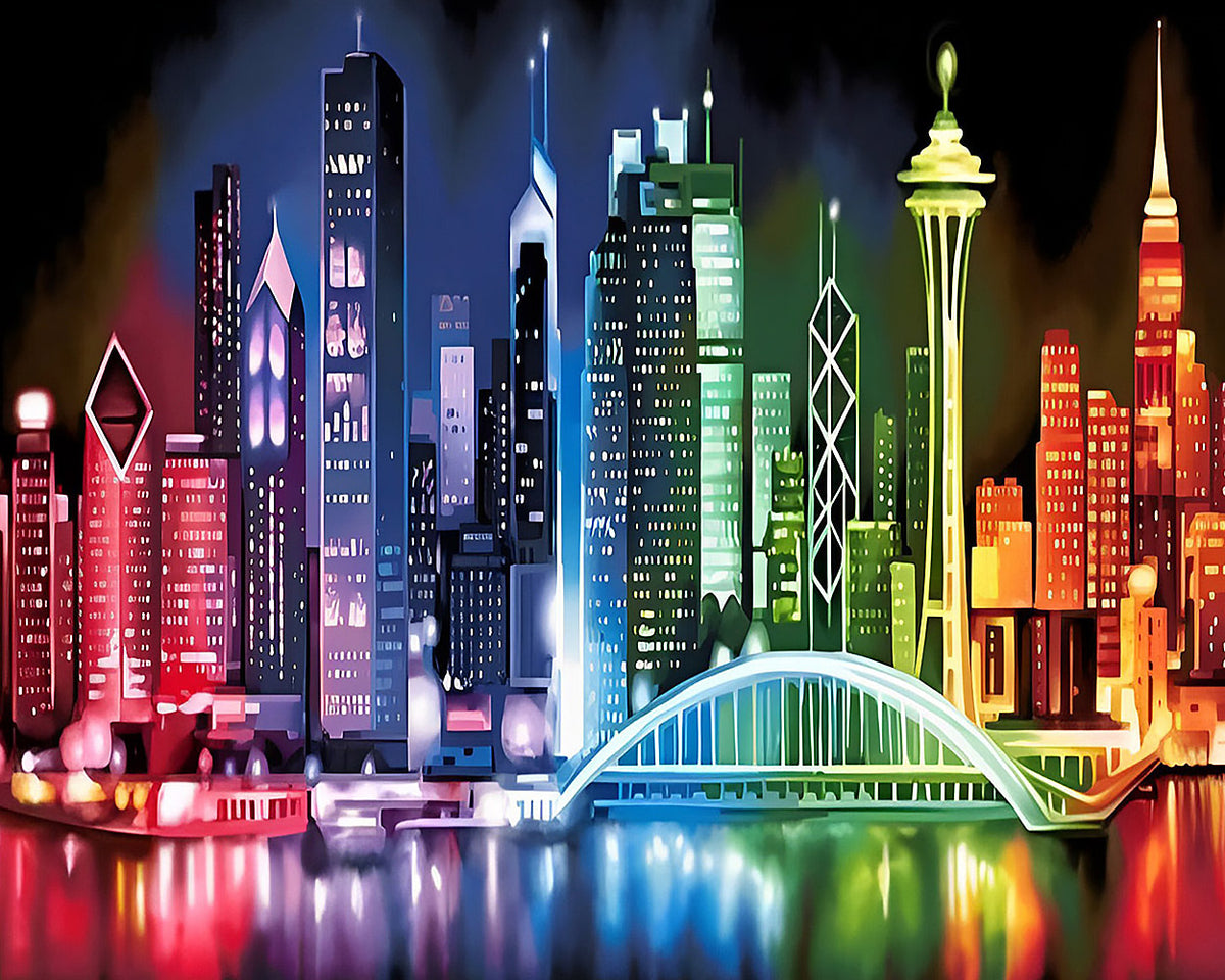 Stylised colourful cityscape cross stitch kit for beginners