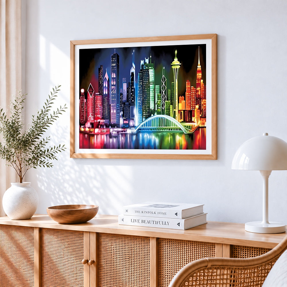 Stylised colourful cityscape cross stitch artwork displayed on wall as home decor