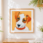 Finished stylised jack russell terrier cross stitch artwork displayed