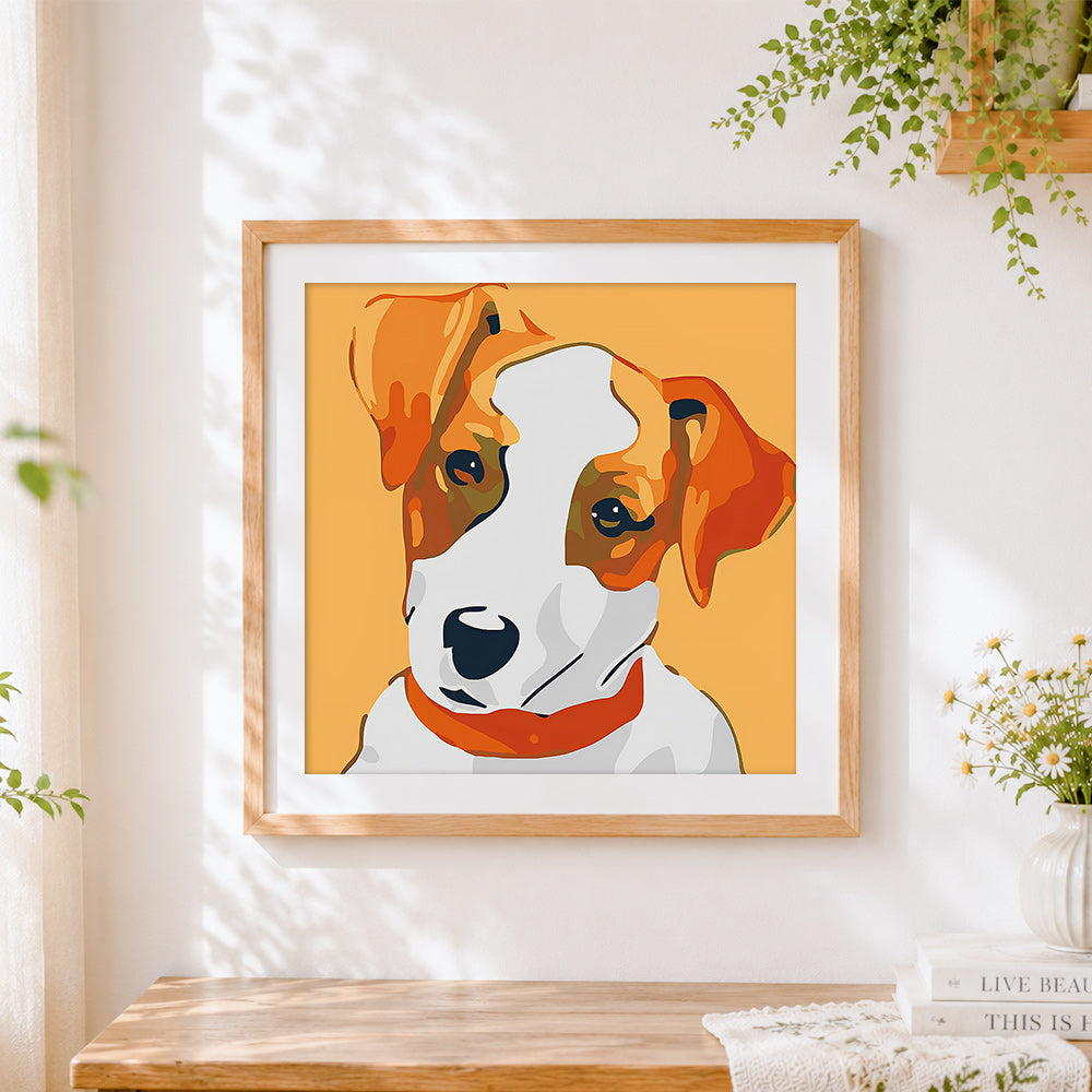Finished stylised jack russell terrier cross stitch artwork displayed