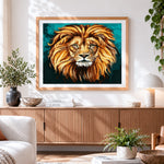 Finished stylised lion head cross stitch artwork displayed