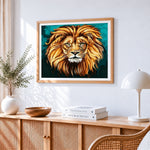 Stylised lion head cross stitch artwork displayed on wall as home decor