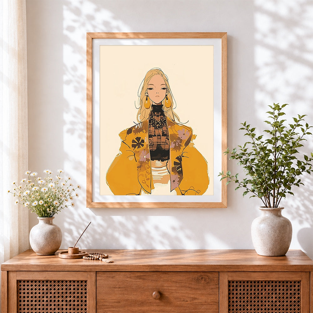 Finished stylish blonde woman in yellow coat cross stitch artwork displayed