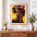 Finished stylish young girl with colourful headband cross stitch artwork displayed