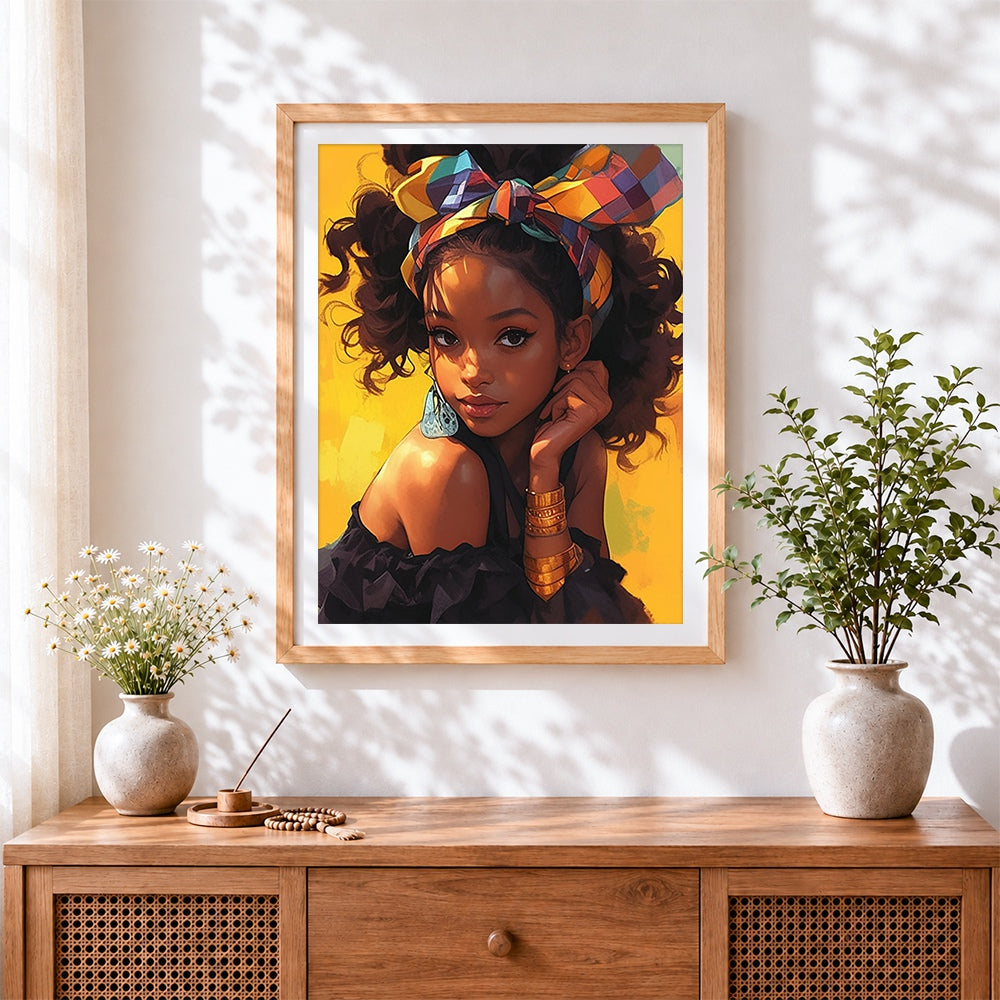 Finished stylish young girl with colourful headband cross stitch artwork displayed