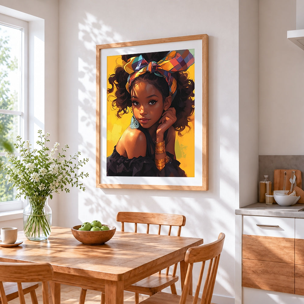 Stylish young girl with colourful headband cross stitch artwork displayed on wall as home decor