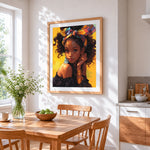 Stylish young girl with colourful headband cross stitch artwork displayed on wall as home decor