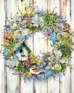 Succulent wreath with birdhouse cross stitch kit for beginners