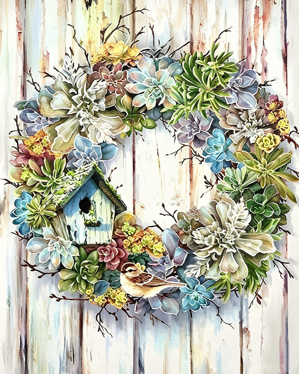Succulent wreath with birdhouse cross stitch kit for beginners