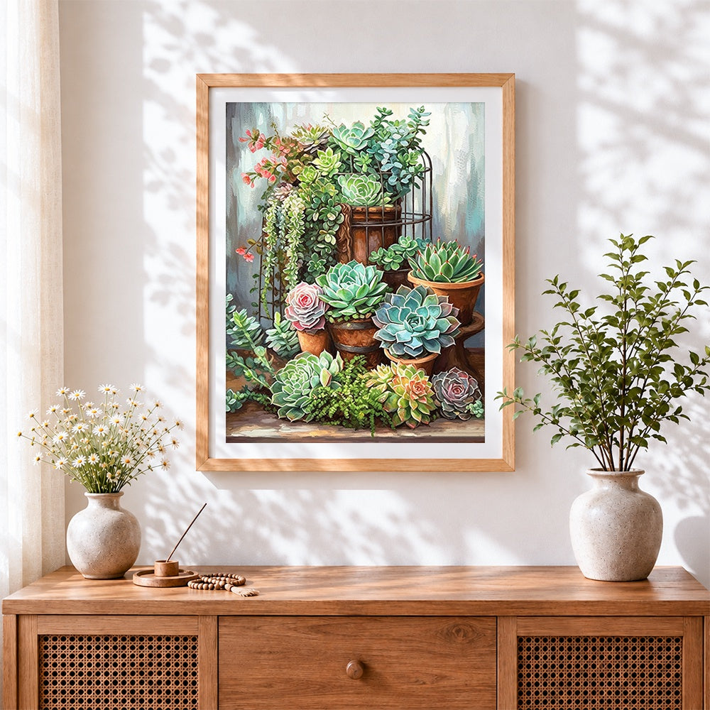 Finished succulents in terracotta pots cross stitch artwork displayed