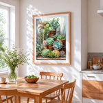 Succulents in terracotta pots cross stitch artwork displayed on wall as home decor