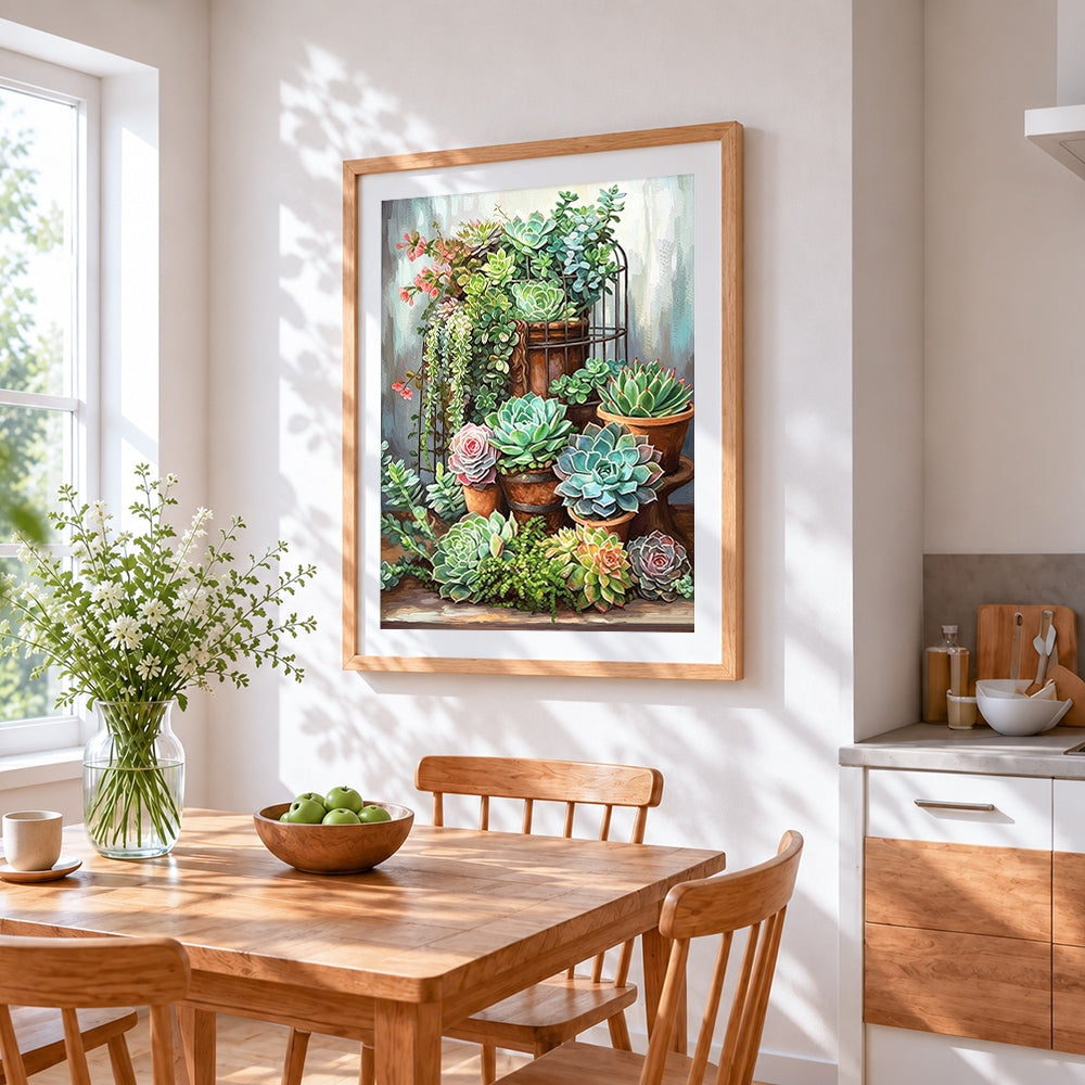Succulents in terracotta pots cross stitch artwork displayed on wall as home decor