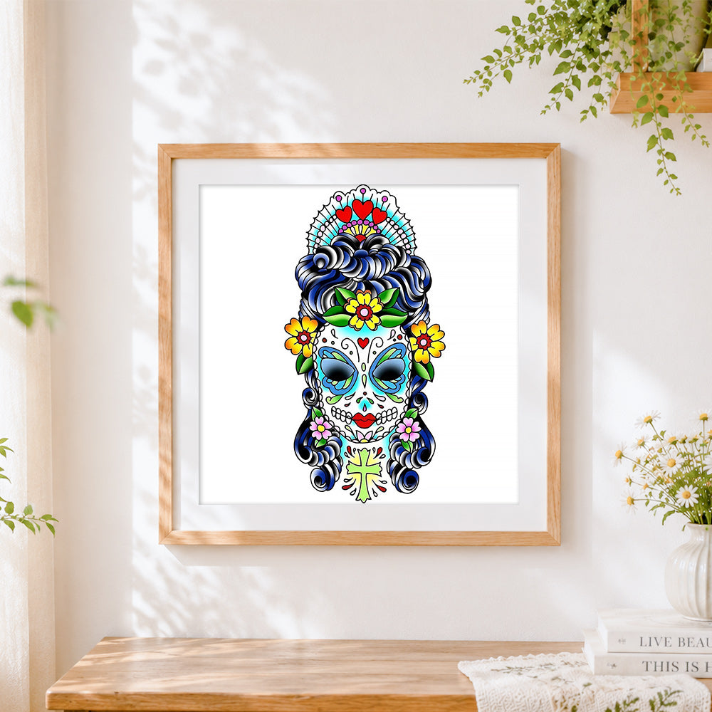 Finished sugar skull with blue hair cross stitch artwork displayed