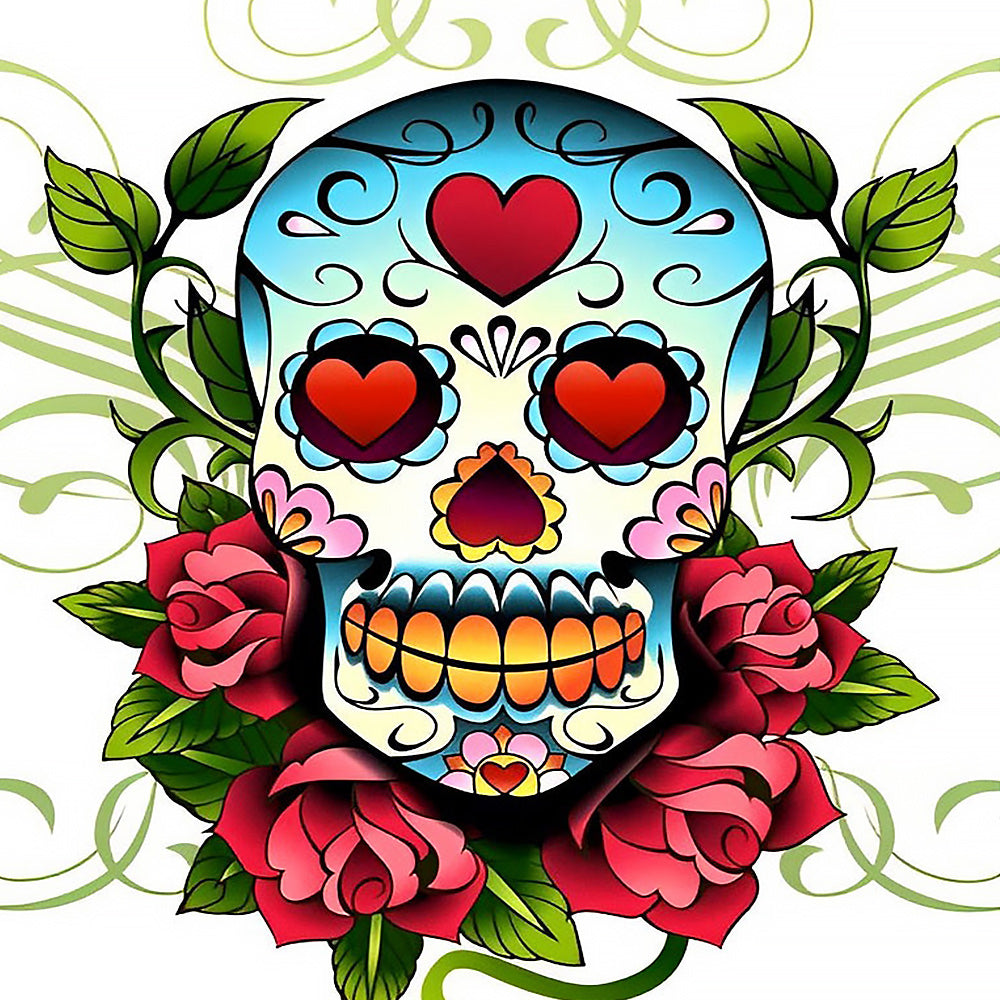 Sugar skull with heart eyes and roses cross stitch kit for beginners