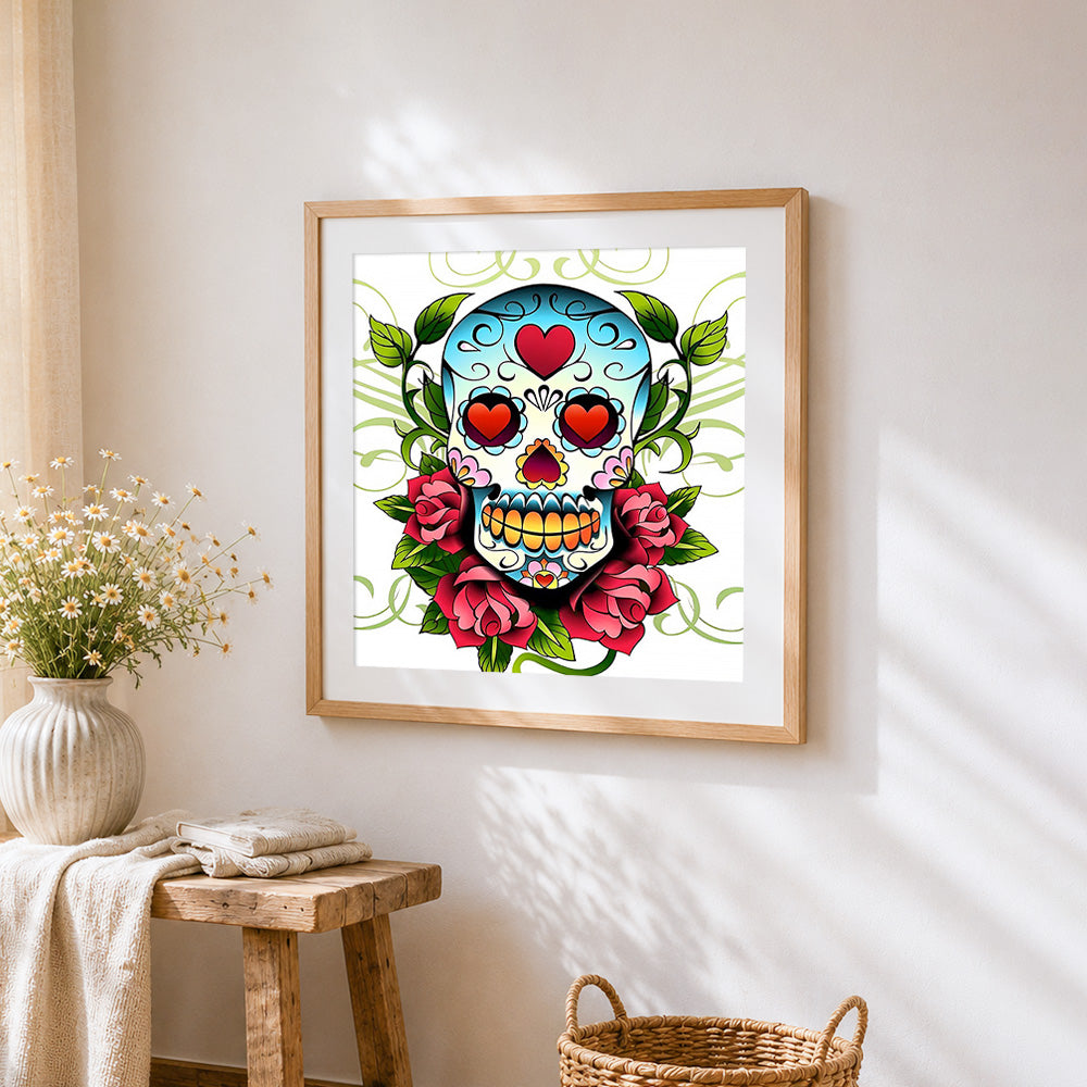 Sugar skull with heart eyes and roses cross stitch artwork displayed on wall as home decor
