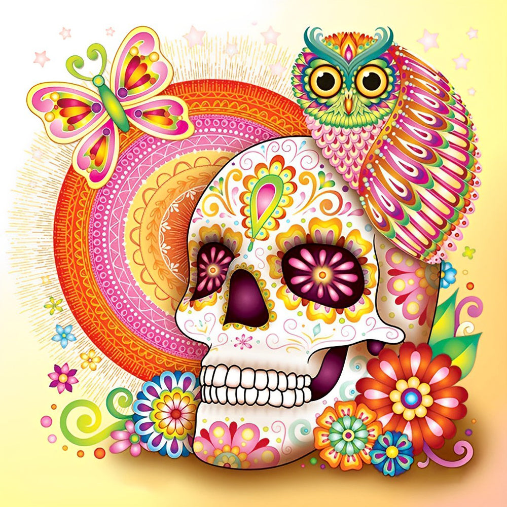 Sugar skull with owl and mandala cross stitch kit for beginners