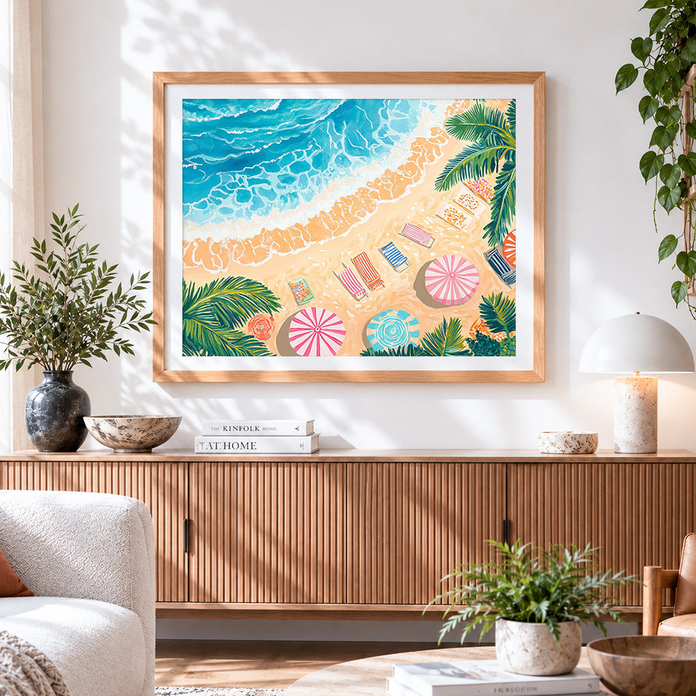 Finished summer beach parasols cross stitch artwork displayed