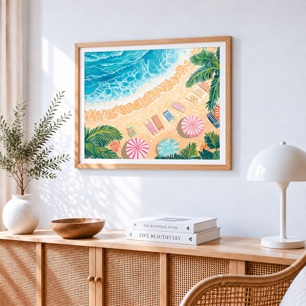 Summer beach parasols paint by numbers artwork displayed on wall as home decor