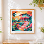 Finished summer tropical sunset over a waterfront cabin cross stitch artwork displayed