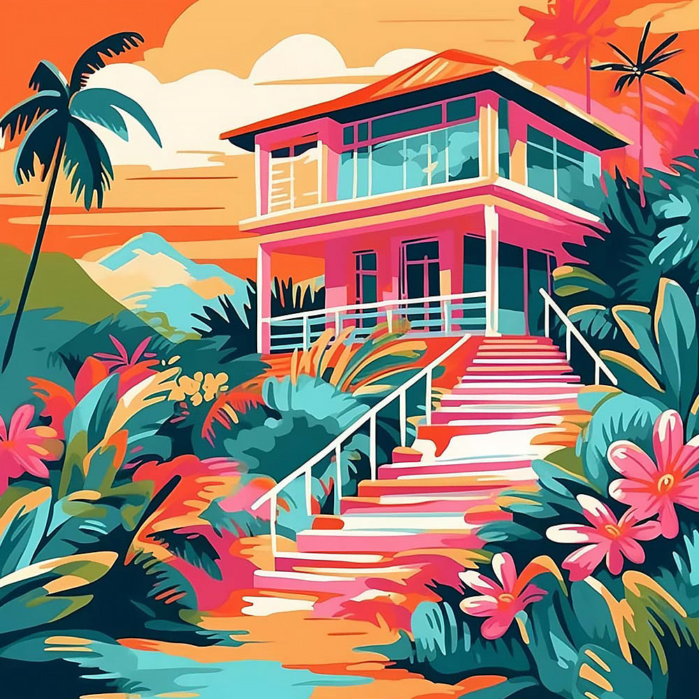 Summer tropical sunset over a waterfront cabin cross stitch kit for beginners