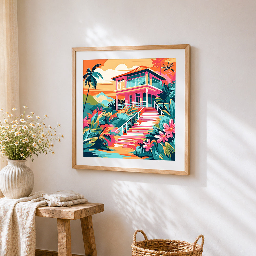 Summer tropical sunset over a waterfront cabin cross stitch artwork displayed on wall as home decor