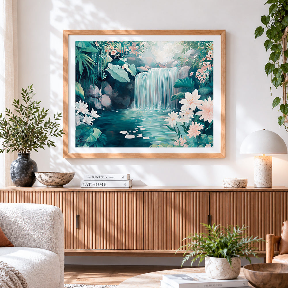 Finished summer waterfall and flowers cross stitch artwork displayed
