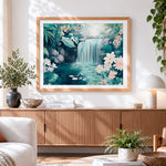 Finished summer waterfall and flowers paint by numbers artwork displayed as home decor
