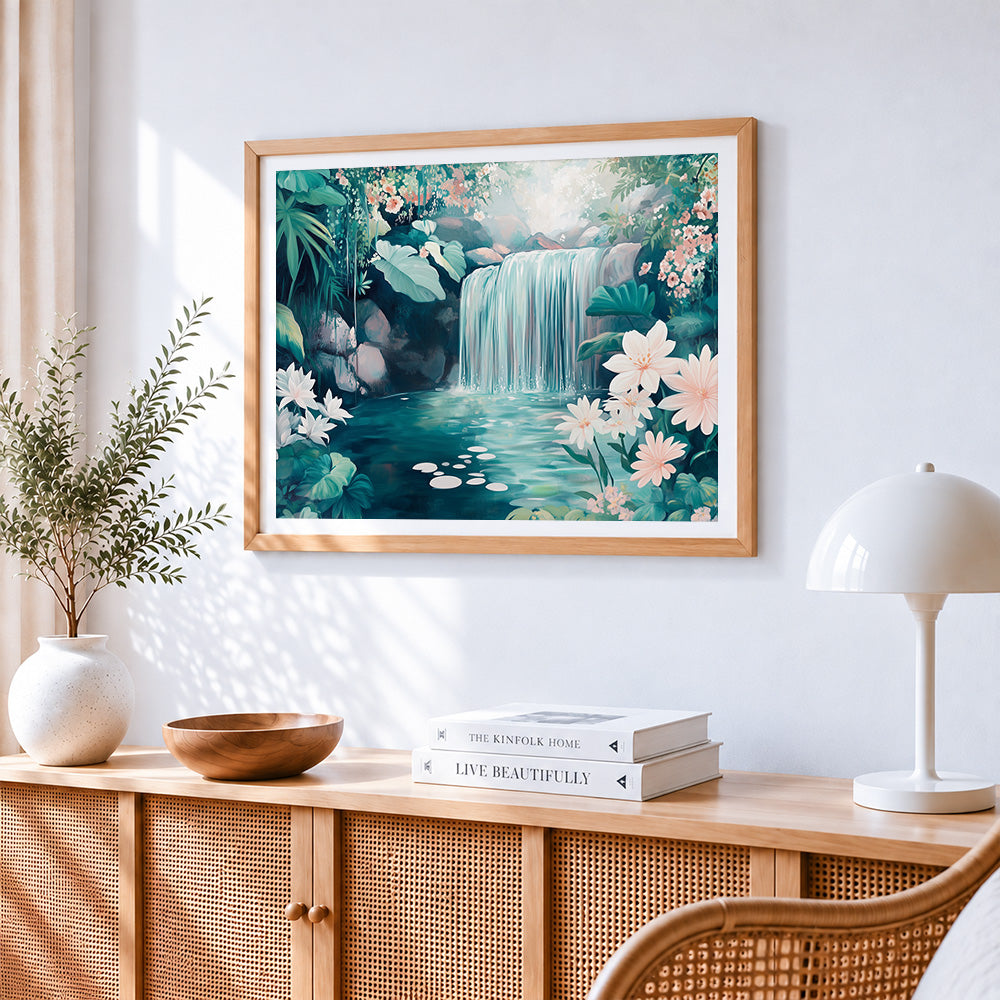 Summer waterfall and flowers paint by numbers artwork displayed on wall as home decor