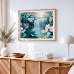 Summer waterfall and flowers paint by numbers artwork displayed on wall as home decor
