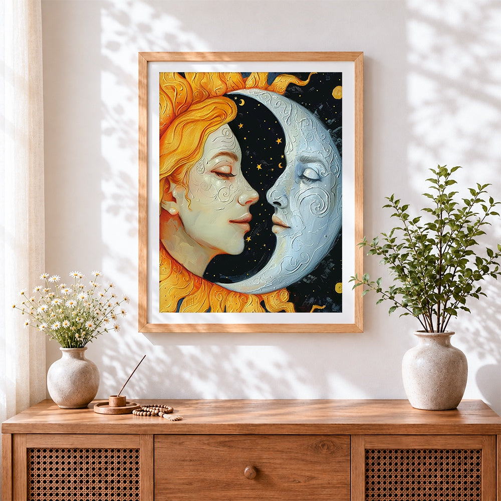 Finished sun and moon faces cross stitch artwork displayed