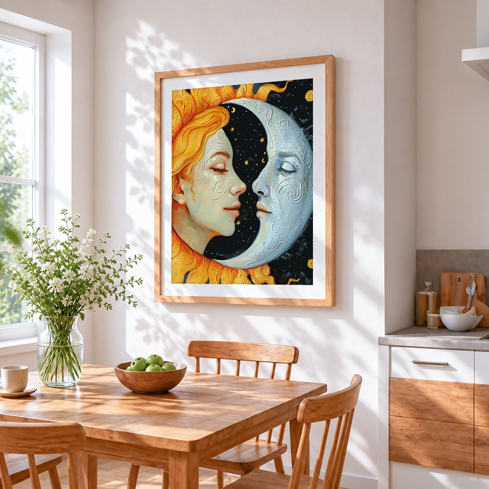 Sun and moon faces cross stitch artwork displayed on wall as home decor