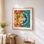 Sun and moon mandala paint by numbers artwork displayed on wall as home decor