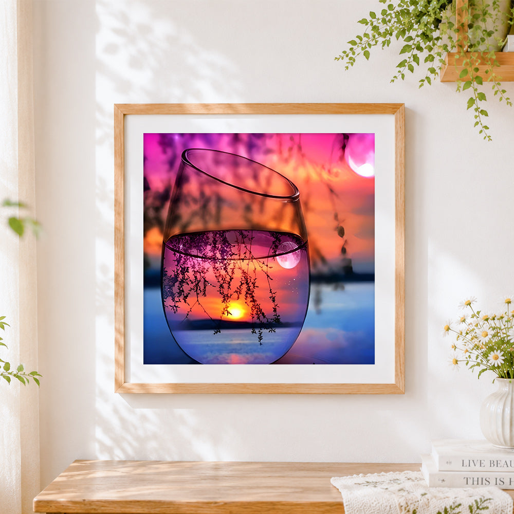 Finished sun and moon reflection in a wine glass paint by numbers artwork displayed as home decor