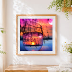 Finished sun and moon reflection in a wine glass paint by numbers artwork displayed as home decor
