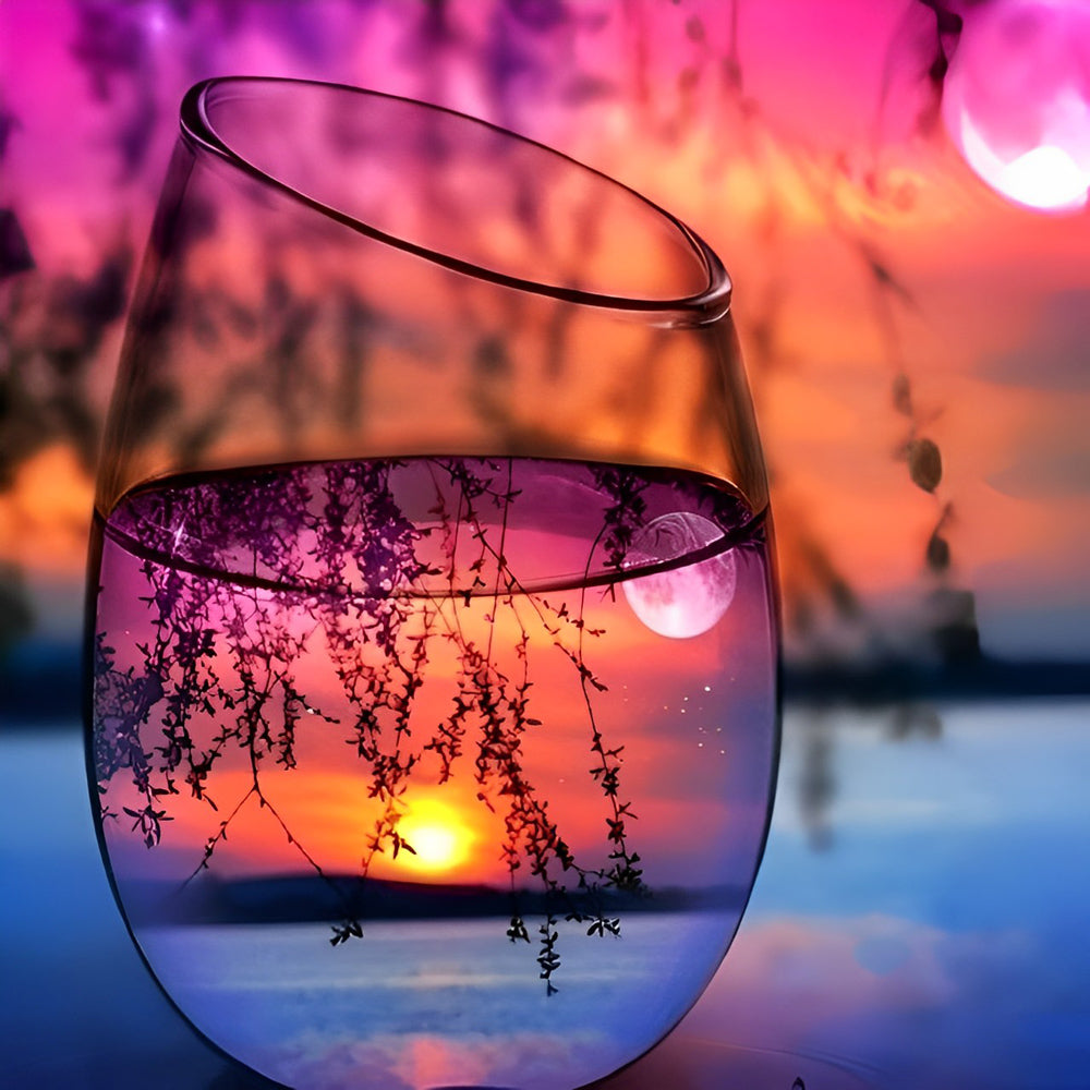Sun and moon reflection in a wine glass paint by numbers kit for beginners