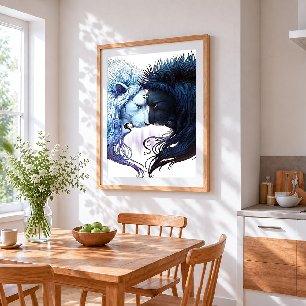 Sun and moon twin lions cross stitch artwork displayed on wall as home decor