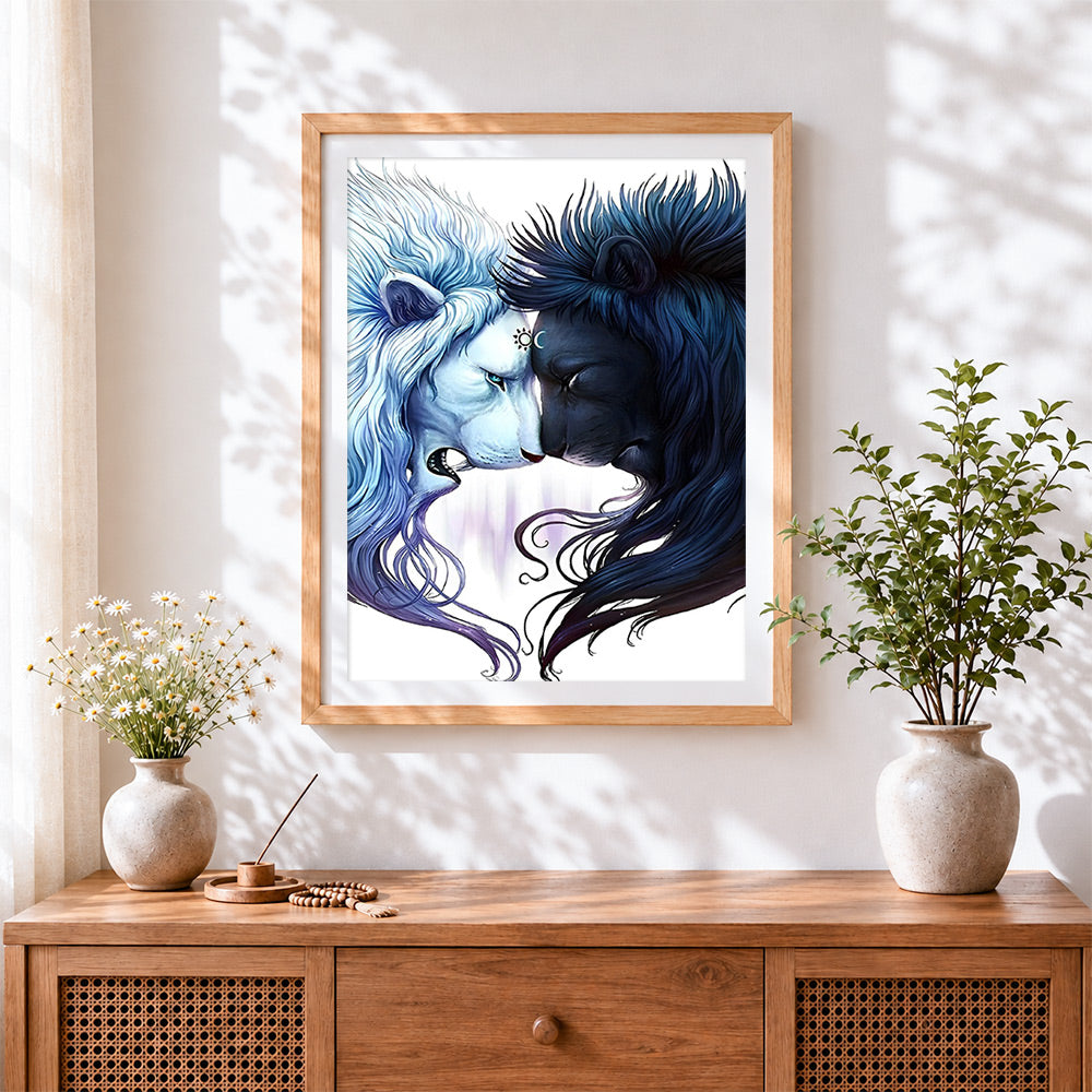 Finished sun and moon twin lions paint by numbers artwork displayed as home decor