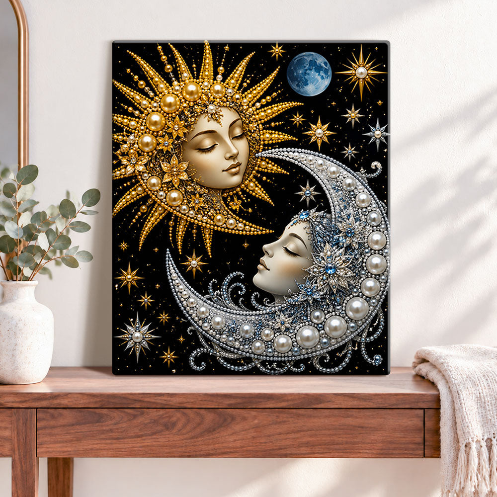 Finished sun goddess and moon goddess pearl diamond painting artwork displayed as home decor
