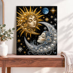 Finished sun goddess and moon goddess pearl diamond painting artwork displayed as home decor