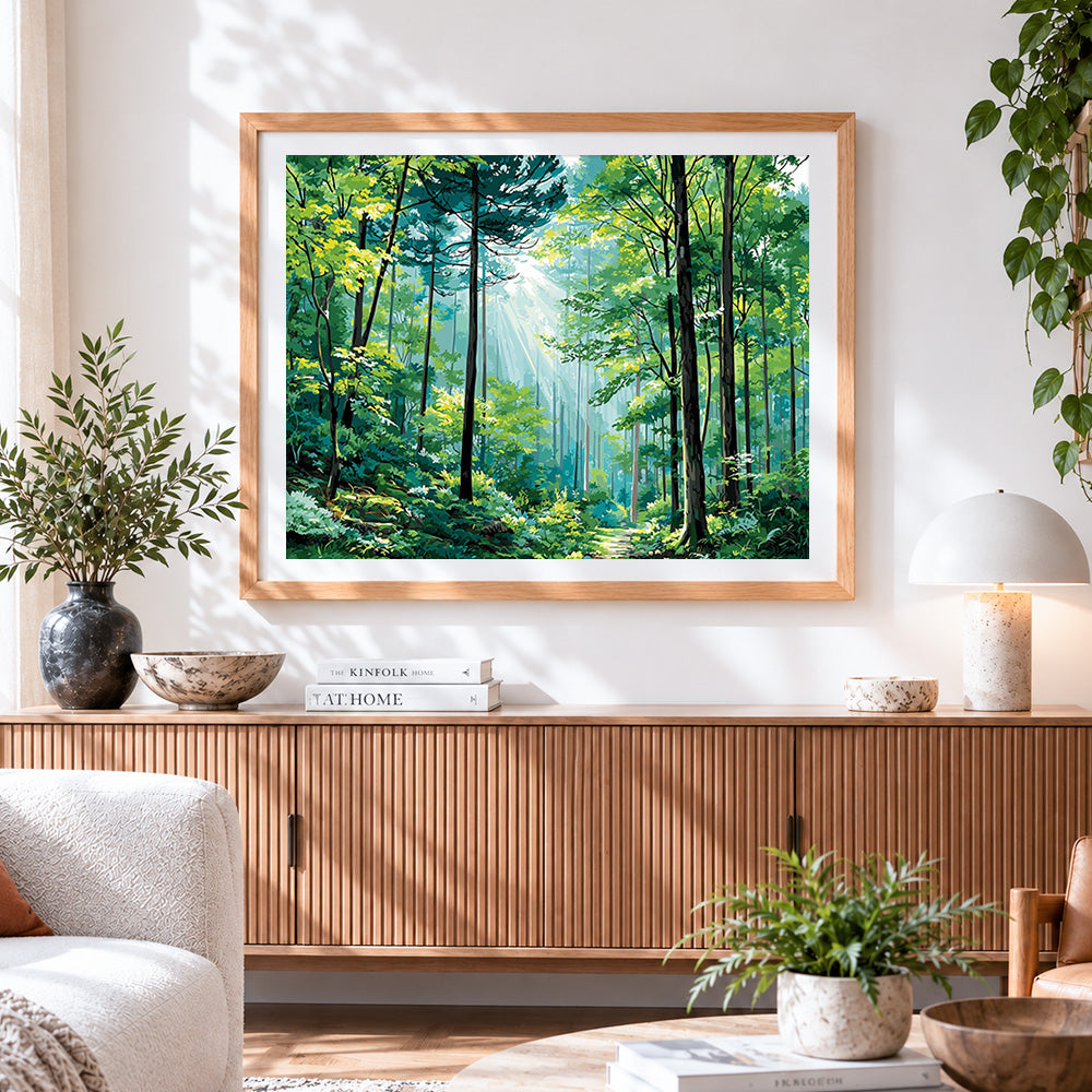 Finished sunbeams through forest path cross stitch artwork displayed