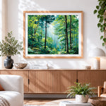 Finished sunbeams through forest path paint by numbers artwork displayed as home decor