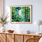 Sunbeams through forest path paint by numbers artwork displayed on wall as home decor