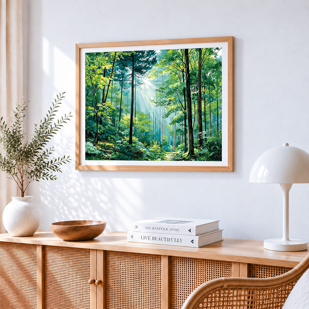 Sunbeams through forest path paint by numbers artwork displayed on wall as home decor