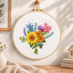 Sunflower and lavender bouquet embroidery hoop wall art displayed as warm and cosy handmade home decor