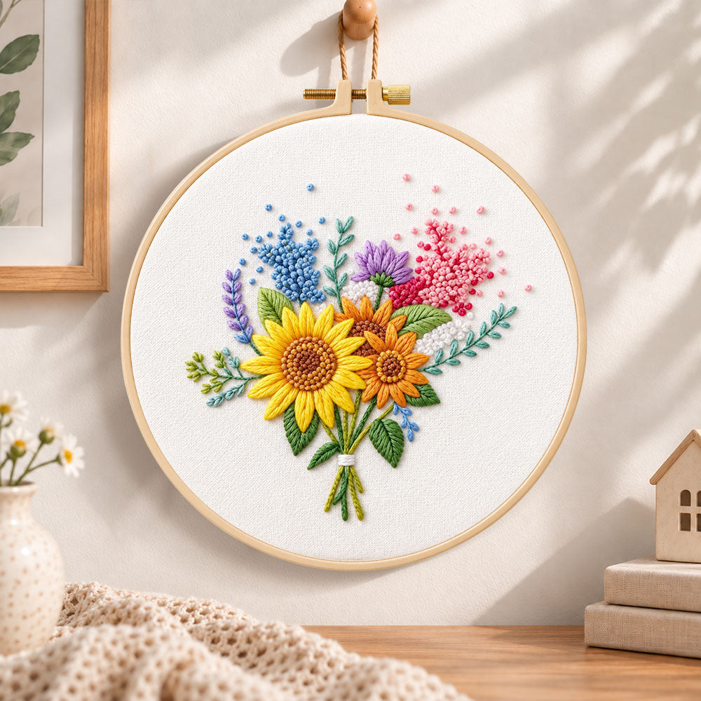 Sunflower and lavender bouquet embroidery hoop wall art displayed as warm and cosy handmade home decor