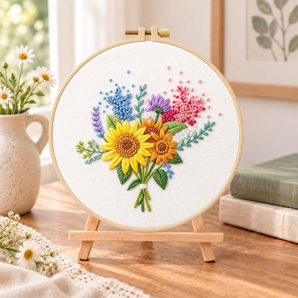 Sunflower and lavender bouquet embroidery kit finished hoop displayed on a wooden stand as cosy tabletop decor
