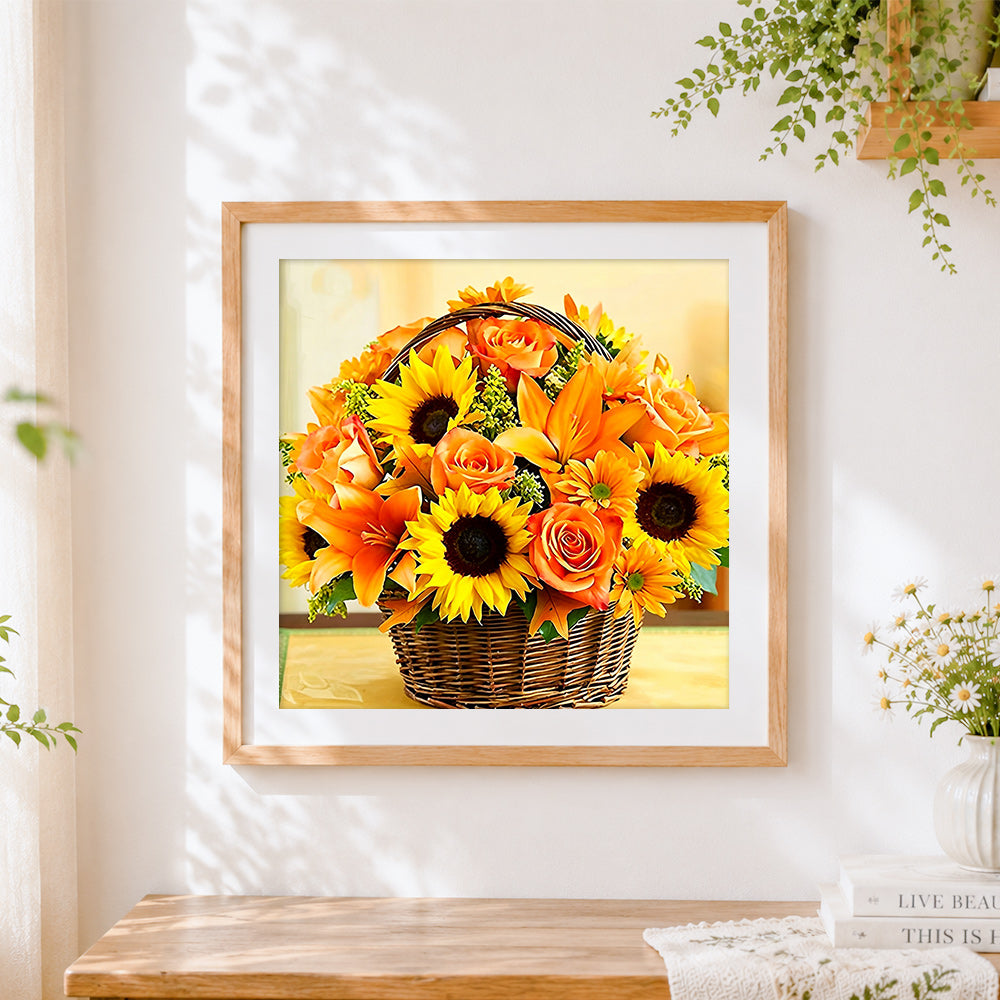 Finished sunflower and rose basket cross stitch artwork displayed