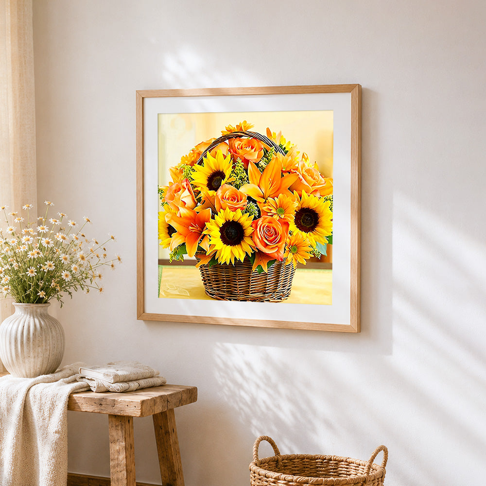 Sunflower and rose basket cross stitch artwork displayed on wall as home decor