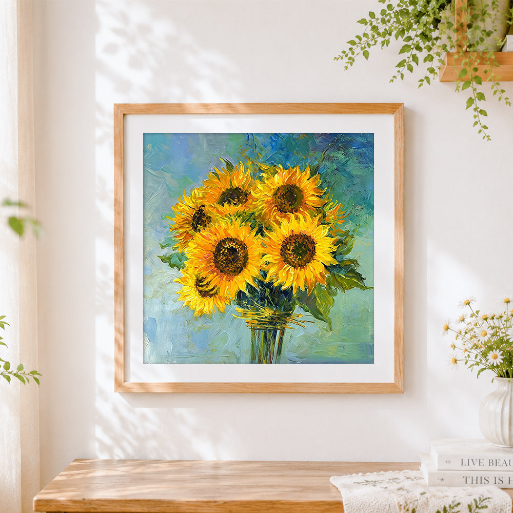 Finished sunflower bouquet cross stitch artwork displayed