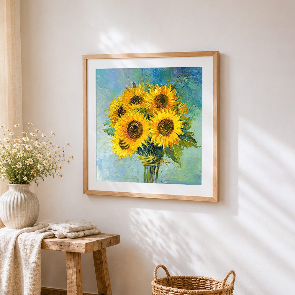 Sunflower bouquet cross stitch artwork displayed on wall as home decor